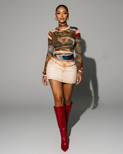 KIERRA Mesh Print Long Sleeve Top