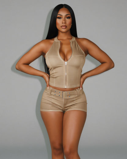 CLARISSA Denim Zip Up Top & Shorts Set