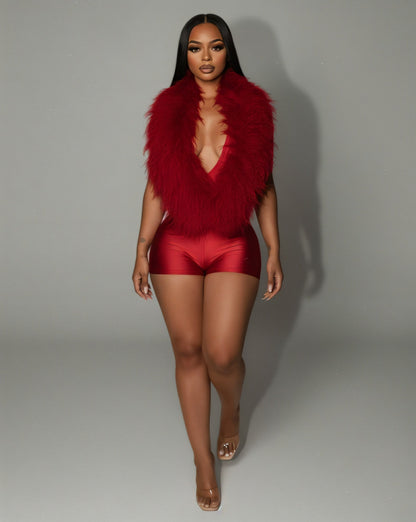 LANNY Deep V Neck Faux Feather Satin Romper